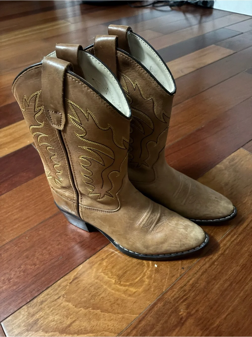 Old West Tan Brown Kids Western Cowboy Boots with Stitch Detail